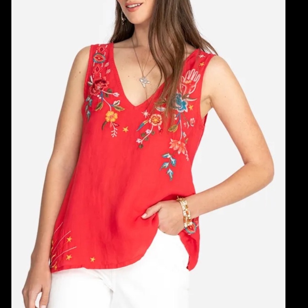 Johnny Was Workshop Cara Top Floral Embroidery Ramie V Neck Tank Size M